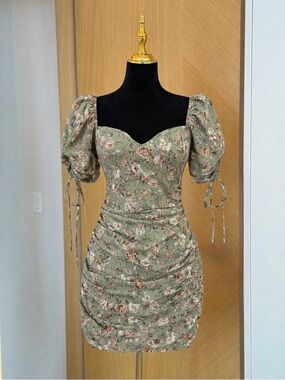 Altar'd State Green Floral Tie Back Ruched Mini Cocktail Dress | Garden Muse